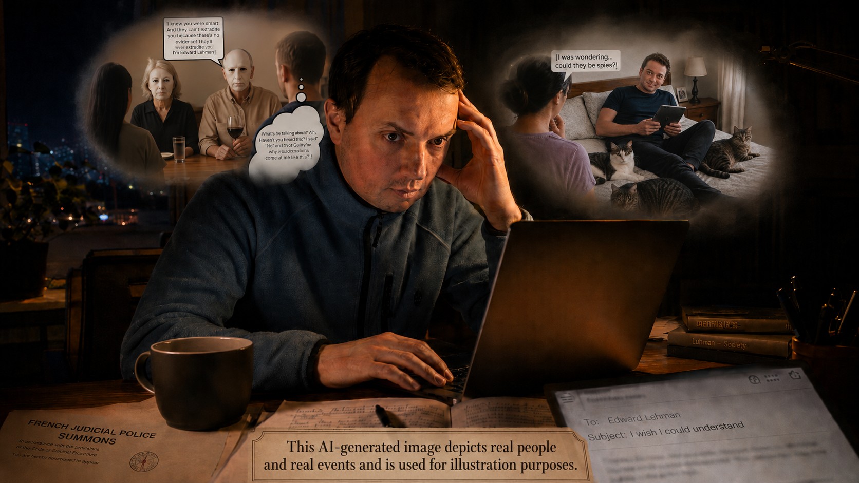 Illustration of Vincent Le Corre writing to Edward Lehman about U.S. intelligence suspicions in China, and a police summons.