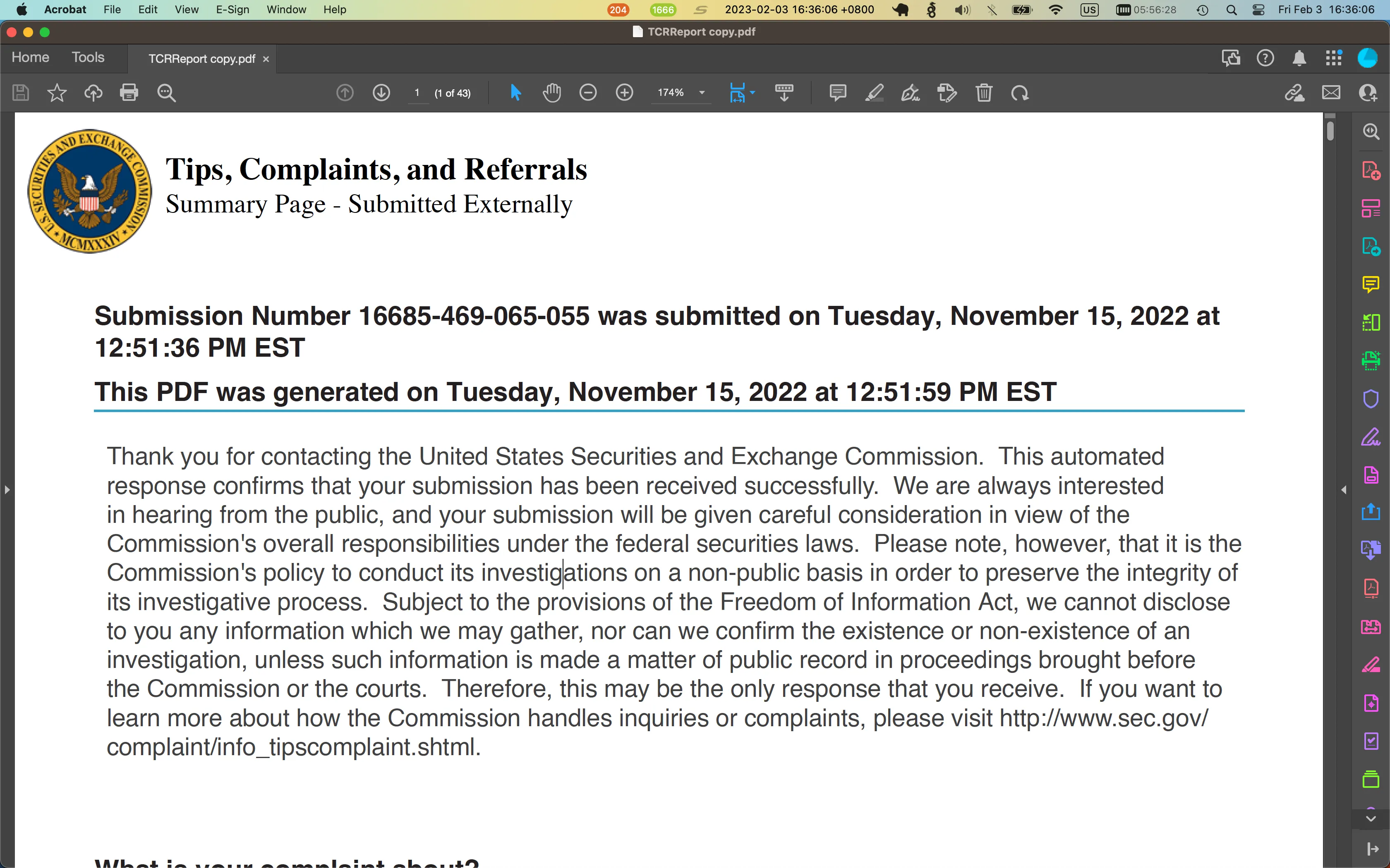 Screenshot of SEC whistleblower-complaint submission confirmation, February 3, 2023