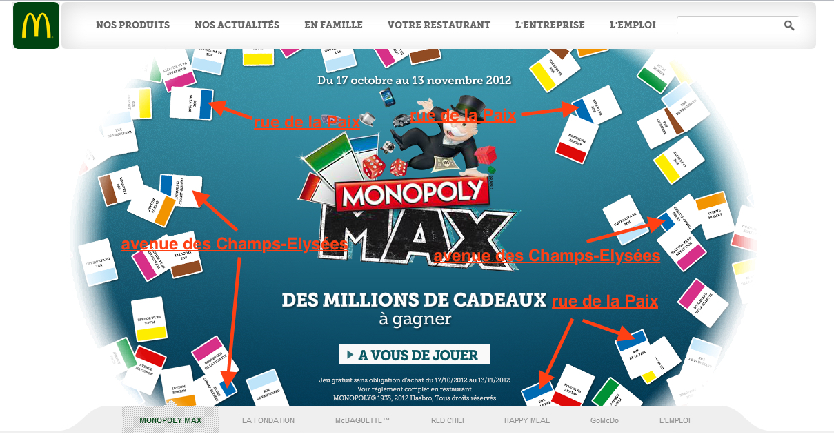 2012 McDonald&rsquo;s France Monopoly MAX promotional webpage showing misleading distribution of game pieces including multiple &ldquo;Rue de la Paix&rdquo; and &ldquo;Avenue des Champs-Élysées&rdquo; stamps