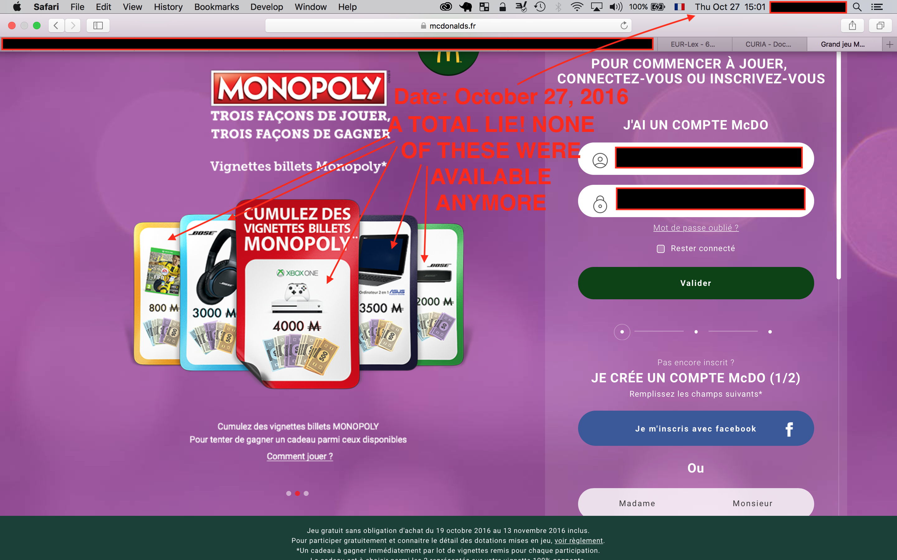 Screenshot showing McDonald&rsquo;s France continuing to advertise prizes that were already depleted