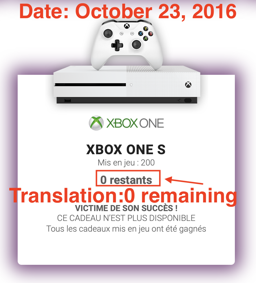 Screenshot showing McDonald&rsquo;s France Monopoly 2016 prizes depleted - second view