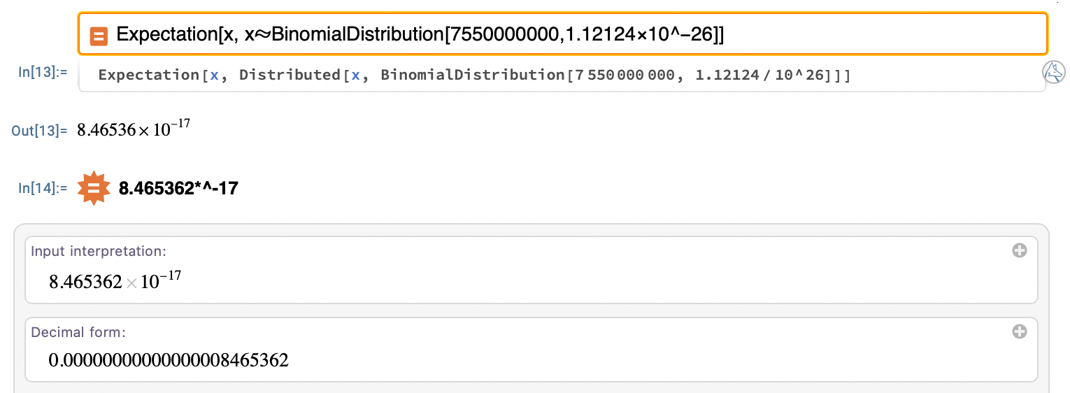 Wolfram Alpha calculation showing binomial distribution expectation